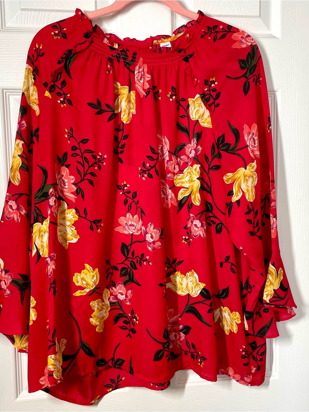 Old Navy Red Floral Blouse with Yellow Trim